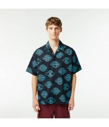 Men's Globe Print Cotton Twill Shirt Lacoste Outlet Black Blue QPI CH188051QPI