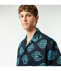 Men's Globe Print Cotton Twill Shirt Lacoste Outlet Black Blue QPI CH188051QPI