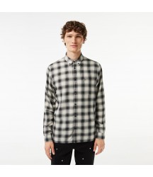 Men's Cotton and Wool Blend Checked Flannel Shirt Lacoste Outlet Black White KBR CH186851KBR
