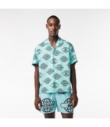 Men's Globe Print Cotton Twill Shirt Lacoste Outlet Light Green Black KI4 CH188051KI4
