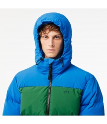 Men's Colorblock Hooded Down Jacket Lacoste Outlet Blue Green Brown NIJ BH544251NIJ