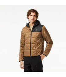 Men's Waterproof Padded Hood Puffer Jacket Lacoste Outlet Brown Black QIN BH166651QIN