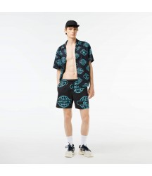 Men's Globe Print Swimsuit Lacoste Outlet Black Blue QPI MH187351QPI