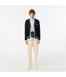 Unisex Cable Knit Organic Cotton Cardigan Lacoste Outlet Navy Blue White QRN AH644751QRN