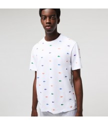 Men's Crocodile Print Crew Neck Cotton Lounge T-Shirt Lacoste Outlet White SBH TH129751SBH