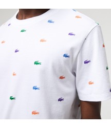 Men's Crocodile Print Crew Neck Cotton Lounge T-Shirt Lacoste Outlet White SBH TH129751SBH